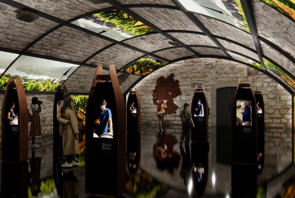 Großer Weinkeller wird als Museumsraum genutzt, mit Bildschirmen iM Raum verteilt und an der Decke